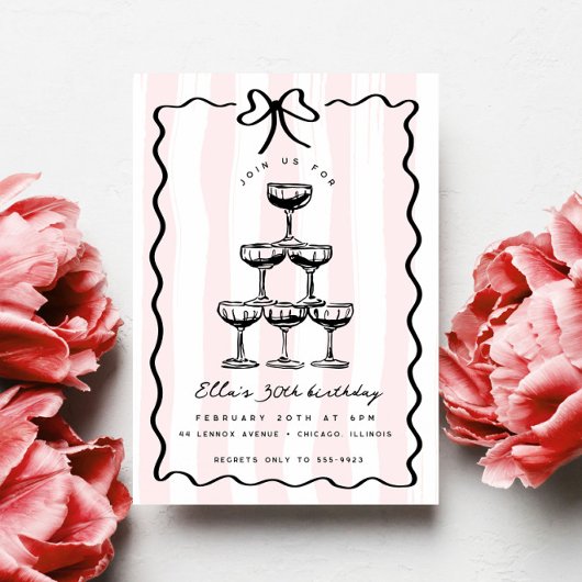 Whimsical Champagne Tower Bow Roze Streep Verjaard Kaart