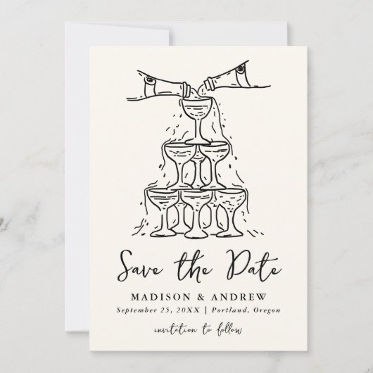 Whimsical Champagne Tower Cream Foto Bruiloft Save The Date (Voorkant)