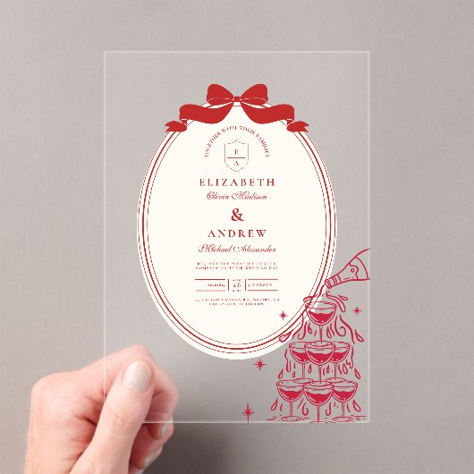 Whimsical Champagne Tower Doodle Wedding Acryl Uitnodigingen (Insitu (Draagbaar))