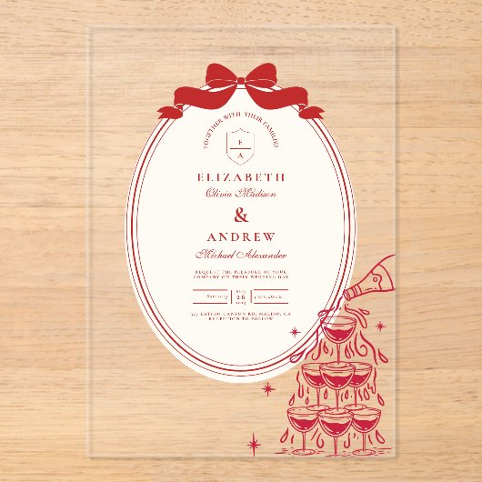 Whimsical Champagne Tower Doodle Wedding Acryl Uitnodigingen (Voorkant)