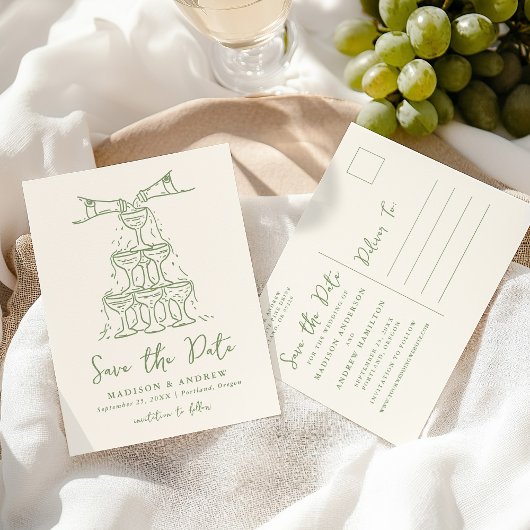 Whimsical Champagne Tower Green Bewaar de datum Aankondigingskaart