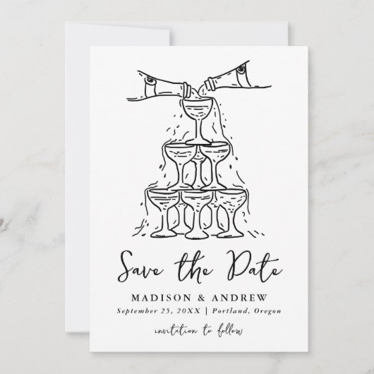 Whimsical Champagne Tower handgeschreven bruiloft Save The Date (Voorkant)
