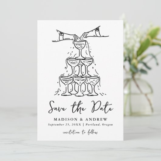 Whimsical Champagne Tower handgeschreven bruiloft Save The Date (Staand voorkant)