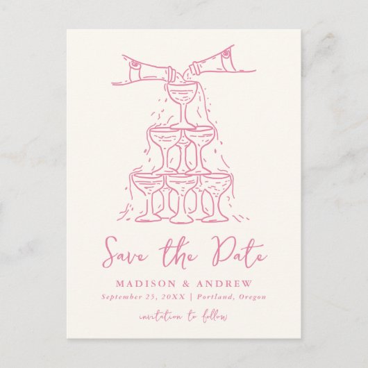 Whimsical Champagne Tower Pink Save the Date Aankondigingskaart (Voorkant)