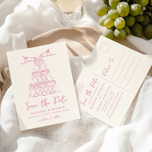 Whimsical Champagne Tower Pink Save the Date Aankondigingskaart