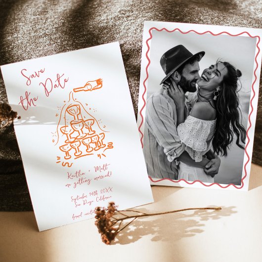 Whimsical Champagne Tower Save the Date Hand getek Kaart