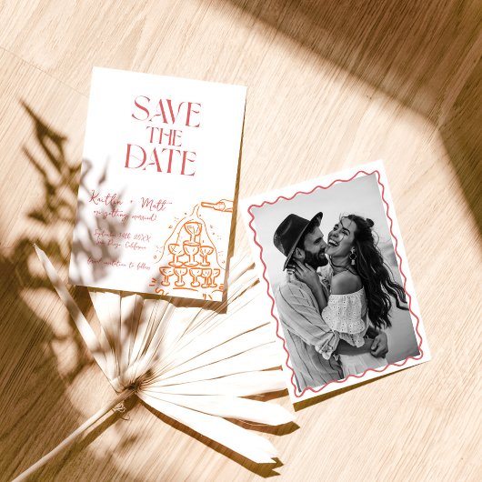 Whimsical Champagne Tower Save the Date Hand getek Kaart