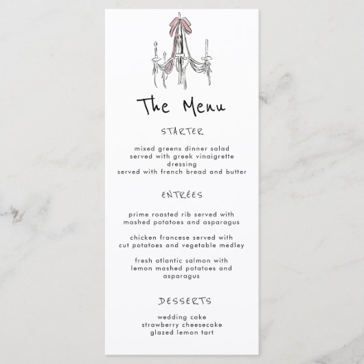 Whimsical Chandelier Dessert Cake Wedding Menu (Voorkant)