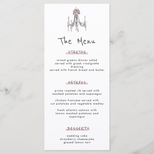 Whimsical Chandelier Dessert Cake Wedding Menu (Voorkant)