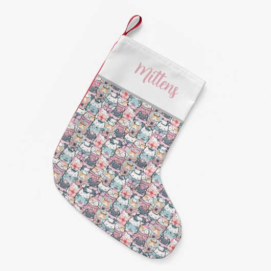 Whimsical Charm Monogrammed Multi-Patroon Katten Kleine Kerstsok (Voorkant (Hangend))