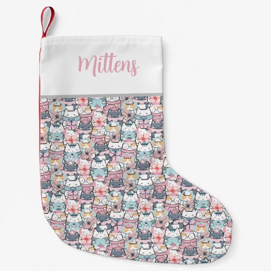 Whimsical Charm Monogrammed Multi-Patroon Katten Kleine Kerstsok (Voorkant)