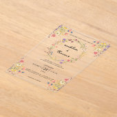 Whimsical Charm Wild Flower Krans Foto Huwelijk Acryl Uitnodigingen (Laagn)