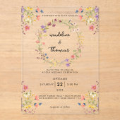 Whimsical Charm Wild Flower Krans Foto Huwelijk Acryl Uitnodigingen (Voorkant)