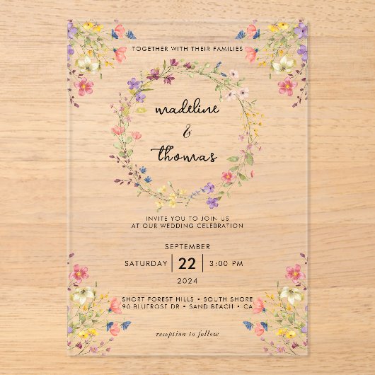 Whimsical Charm Wild Flower Krans Foto Huwelijk Acryl Uitnodigingen (Voorkant)