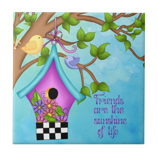 Whimsical Checkerboard Birdhouse Tegeltje (Voorkant)