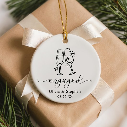Whimsical Cheers Our First Christmas Engaged Keramisch Ornament