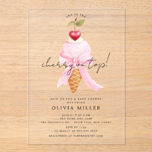 Whimsical Cherry Baby shower Acryl Uitnodigingen (Voorkant)