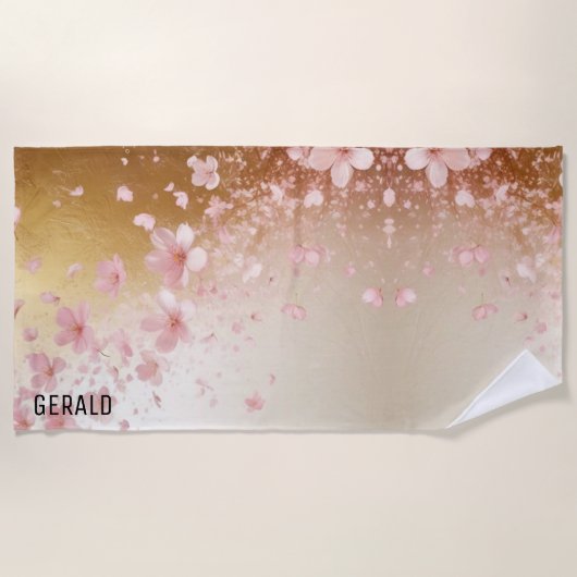 Whimsical Cherry Blossom Blizzard op Golden Strandlaken (Voorkant)