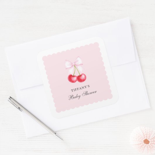 Whimsical Cherry op Top Girl Baby shower Vierkante Sticker (Envelop)