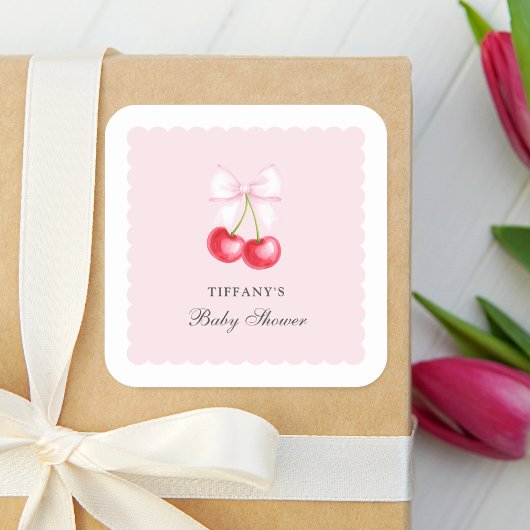 Whimsical Cherry op Top Girl Baby shower Vierkante Sticker