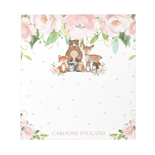 Whimsical Chic Blush Pink Floral Woodland Animals Notitieblok (Voorkant)