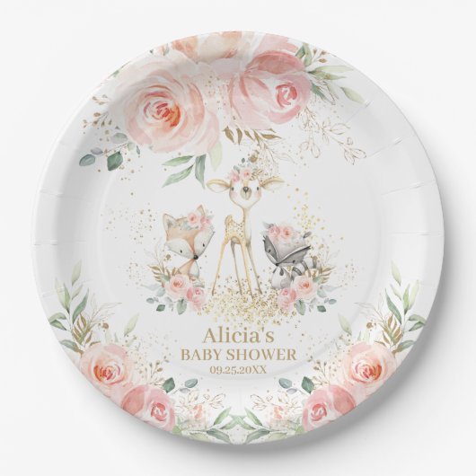 Whimsical Chic Blush Pink Floral Woodland Animals Papieren Bordje (Voorkant)