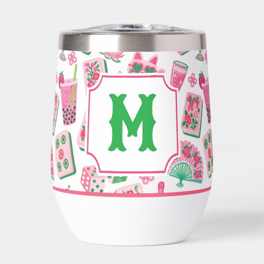 Whimsical Chic Roze & Groen Mahjong Feest Monogram (Voorkant)