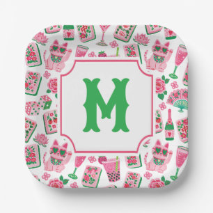 Whimsical Chic Roze & Groen Mahjong Feest Monogram Papieren Bordje