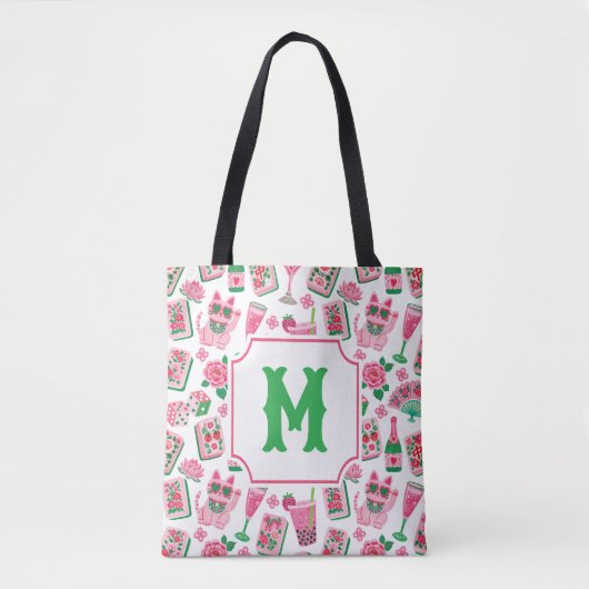 Whimsical Chic Roze & Groen Mahjong Feest Monogram Tote Bag (Voorkant)