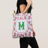 Whimsical Chic Roze & Groen Mahjong Feest Monogram Tote Bag (Dichtbij)
