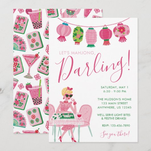 Whimsical Chic Roze & Groene Mahjong Feest Kaart (Voorkant / Achterkant)