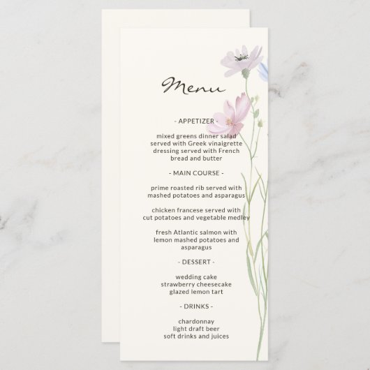 Whimsical Chic Wildflower Beige Wedding Menu (Voorkant / Achterkant)