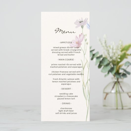 Whimsical Chic Wildflower Beige Wedding Menu (Staand voorkant)