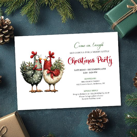 Whimsical Chickens Cartoon Christmas Party Invites Kaart