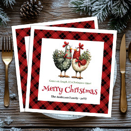Whimsical chickens Christmas napkins editable name Servet