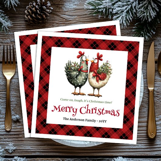 Whimsical chickens Christmas napkins editable name Servet