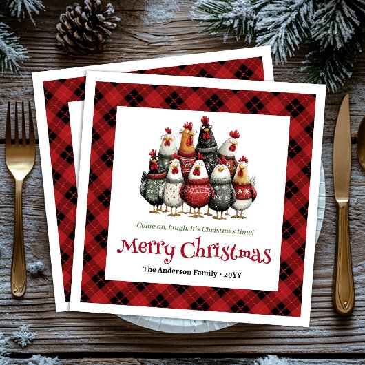 Whimsical chickens holiday napkins custom name set servet