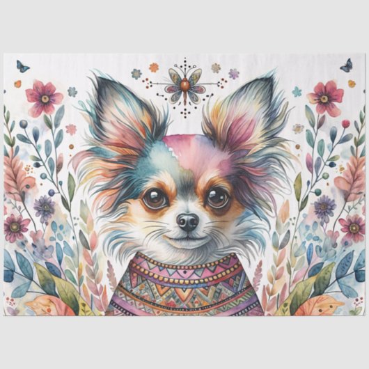 Whimsical Chihuahua in Boho Bloemige Waterverf Tissuepapier (Voorkant)