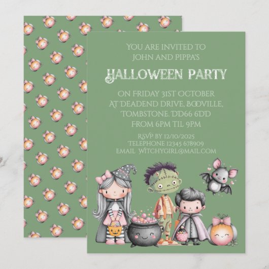Whimsical Children's Halloween Party Kaart (Voorkant / Achterkant)