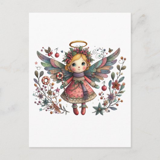 Whimsical Christmas Angel met meerkleurige vleugel Briefkaart (Voorkant)
