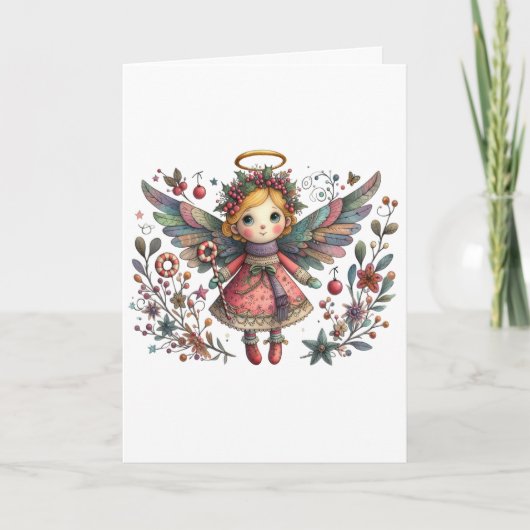 Whimsical Christmas Angel met meerkleurige vleugel Kaart (Voorkant)