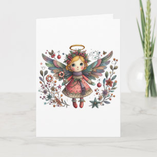 Whimsical Christmas Angel met meerkleurige vleugel Kaart