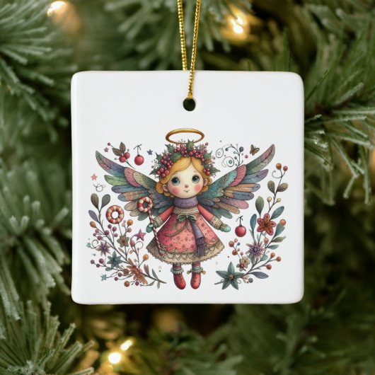 Whimsical Christmas Angel met meerkleurige vleugel Keramisch Ornament (Boom)