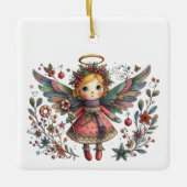 Whimsical Christmas Angel met meerkleurige vleugel Keramisch Ornament (Voorkant)