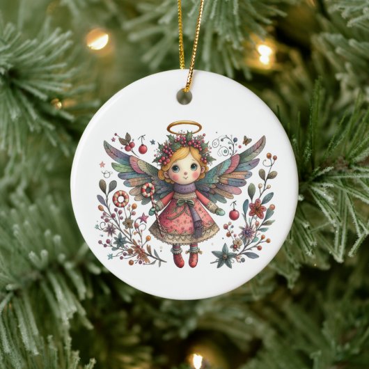 Whimsical Christmas Angel met meerkleurige vleugel Keramisch Ornament (Boom)