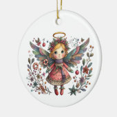 Whimsical Christmas Angel met meerkleurige vleugel Keramisch Ornament (Links)