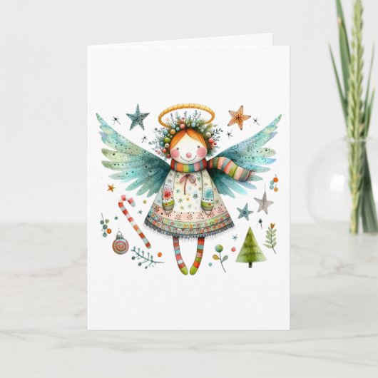 Whimsical Christmas Angel Moderne volkskunst stijl Kaart (Voorkant)