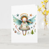 Whimsical Christmas Angel Moderne volkskunst stijl Kaart (Gele Bloem)