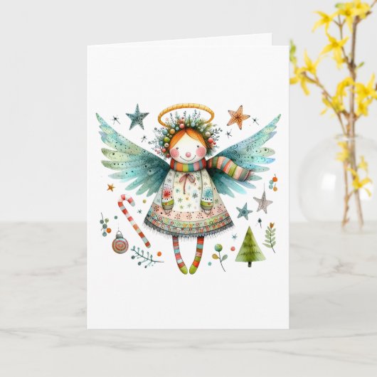 Whimsical Christmas Angel Moderne volkskunst stijl Kaart (Gele Bloem)