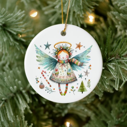 Whimsical Christmas Angel Moderne volkskunst stijl Keramisch Ornament (Boom)